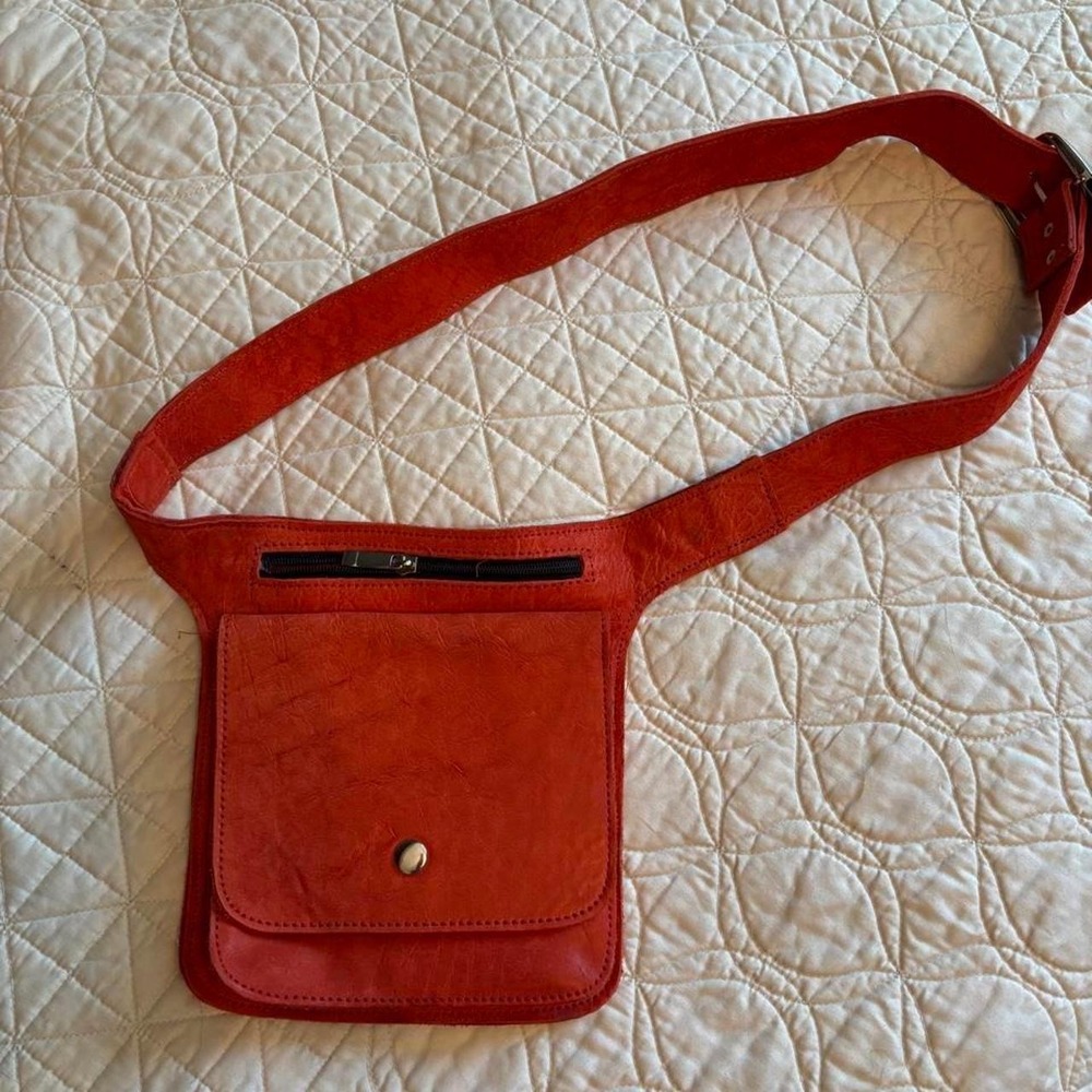 Red Leather Crossbody Belt Bag Festival Hip Pouch Adjustable Buckle Strap
